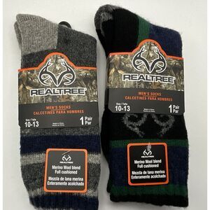 New - 2 PAIRS of‎ men's REALTREE Merino Wool Blend Full Cushioned Socks 10-13